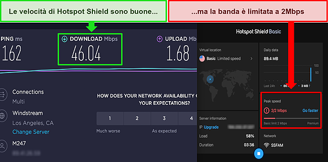 Screenshot di Hotspot Shield connesso gratuitamente a un server statunitense, con i risultati di un test di velocità Ookla che mostra buone velocità di download.