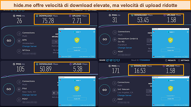 Screenshot di hide.me connesso a server in Olanda, Germania e Stati Uniti, che evidenziano i risultati del test di velocità di download e upload.