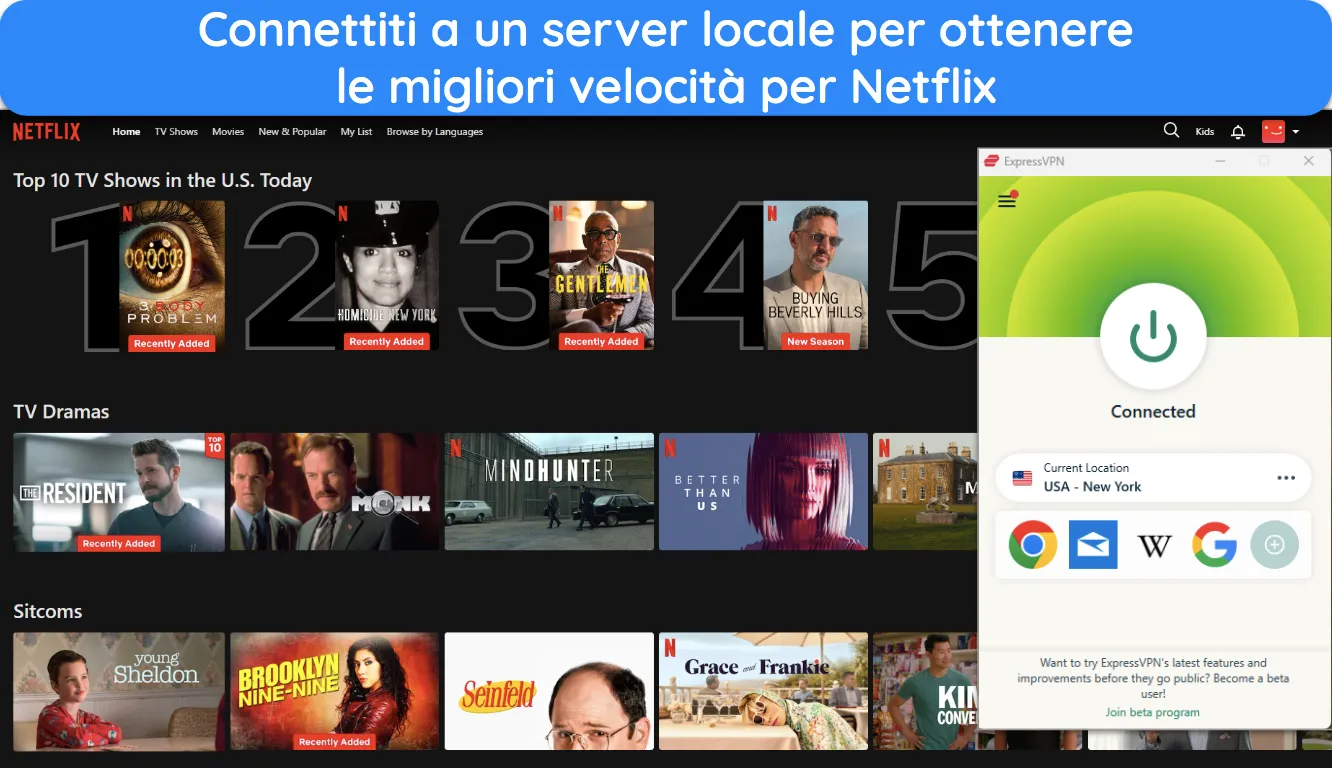 Immagine del contenuto Netflix US con ExpressVPN connesso a un server USA-New York.