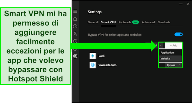 Screenshot della funzionalità Smart VPN di Hotspot Shield