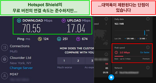무료 미국 서버에 연결된 Hotspot Shield 이미지, 제한된 대역폭 강조 및 Ookla 속도 테스트 결과