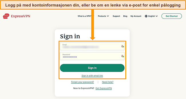 Skjermbilde av ExpressVPNs påloggingsside.