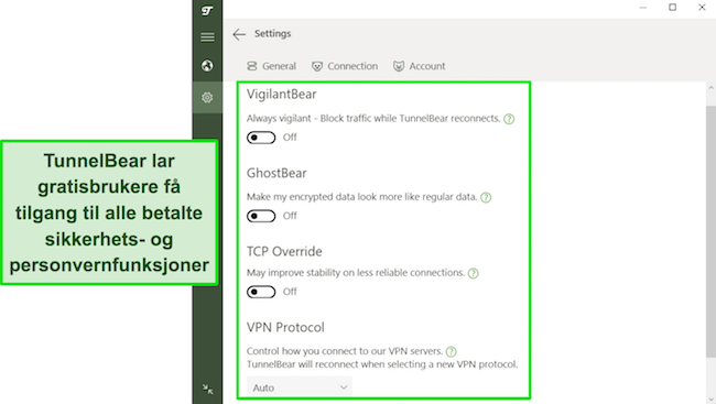 Skjermbilde av TunnelBears sikkerhetsfunksjoner tilgjengelig for gratisbrukere