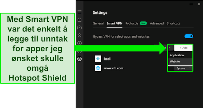Skjermbilde av Hotspot Shields Smart VPN-funksjon