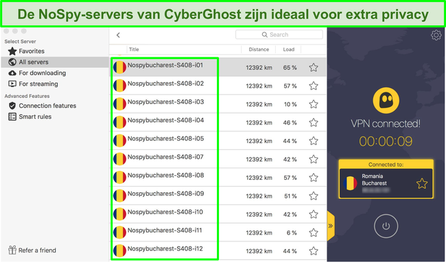 Screenshot CyberGhost VPN-interface met zijn NoSpy-servers