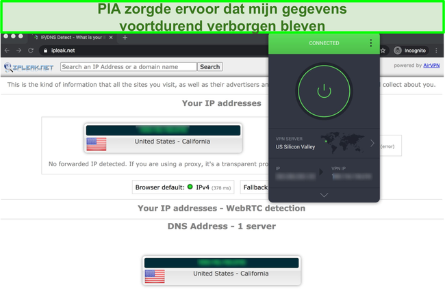 Schermafbeelding die laat zien dat PIA de IP-, DNS- en WebRTC-lektests heeft doorstaan