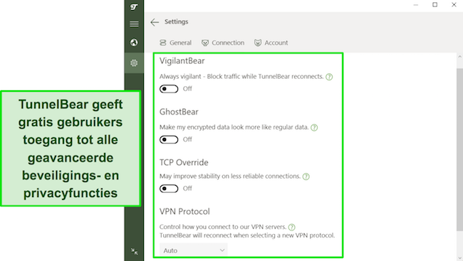 Screenshot van de beveiligingsfuncties van TunnelBear die beschikbaar zijn voor gratis gebruikers