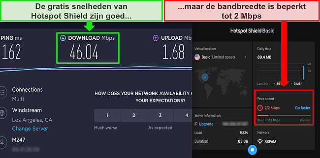 Screenshot van Hotspot Shield gratis verbonden met een Amerikaanse server, met de resultaten van een Ookla-snelheidstest die goede downloadsnelheden laat zien.