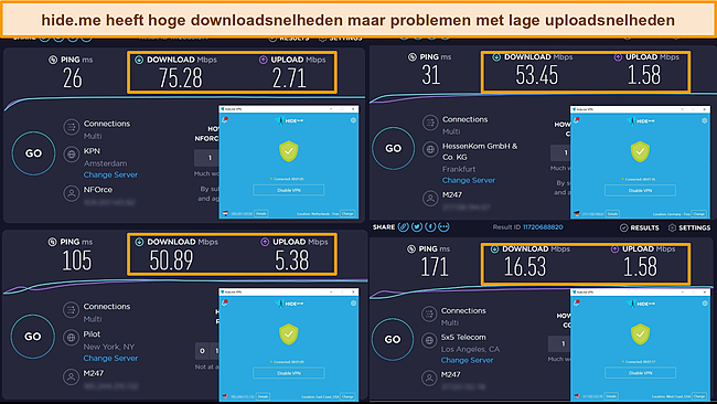 Schermafbeeldingen van hide.me verbonden met servers in Nederland, Duitsland en de VS, met de nadruk op de testresultaten voor download- en uploadsnelheid.