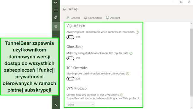 Zrzut ekranu przedstawiający funkcje bezpieczeństwa TunnelBear dostępne dla bezpłatnych użytkowników