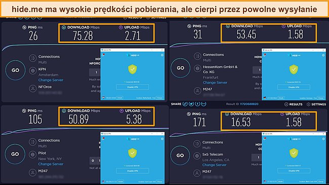 Zrzuty ekranu hide.me połączonego z serwerami w Holandii, Niemczech i USA, podkreślające wyniki testu prędkości pobierania i wysyłania.