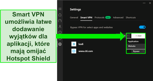 Zrzut ekranu przedstawiający funkcję Smart VPN Hotspot Shield
