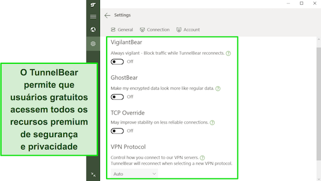 Captura de tela dos recursos de segurança do TunnelBear disponíveis para usuários gratuitos