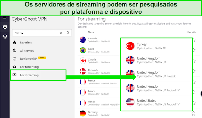 Captura de tela do CyberGhost VPN e como usar servidores otimizados para streaming