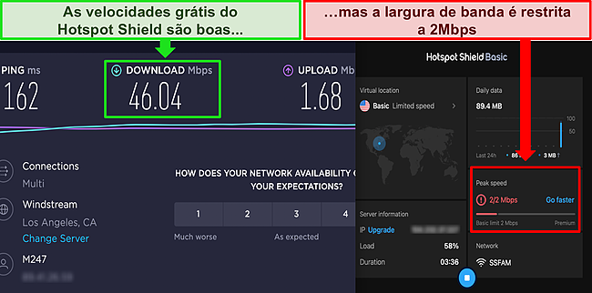 Captura de tela do Hotspot Shield gratuito conectado a um servidor dos EUA, com os resultados de um teste de velocidade da Ookla mostrando boas velocidades de download.