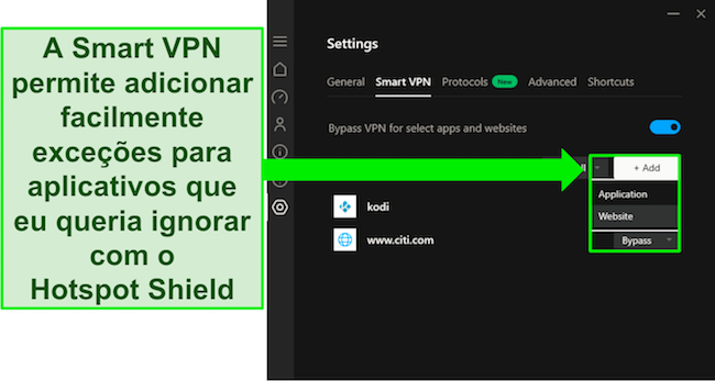 Captura de tela do recurso Smart VPN do Hotspot Shield