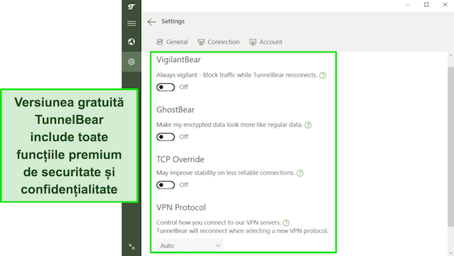 Captură de ecran a funcțiilor de securitate TunnelBear disponibile pentru utilizatorii gratuiti