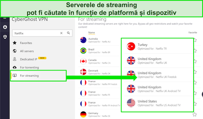 Captură de ecran a CyberGhost VPN și cum să utilizați serverele optimizate pentru streaming