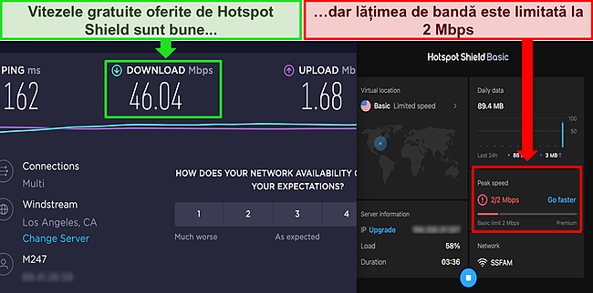 Captură de ecran cu Hotspot Shield conectat gratuit la un server din SUA, cu rezultatele unui test de viteză Ookla arătând viteze bune de descărcare.