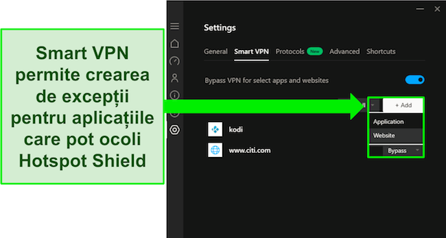 Captură de ecran a funcției Smart VPN a Hotspot Shield