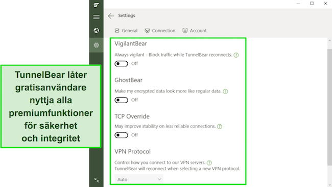 Skärmdump av TunnelBears säkerhetsfunktioner tillgängliga för gratisanvändare