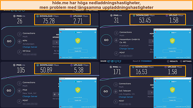 Skärmdumpar av hide.me ansluten till servrar i Nederländerna, Tyskland och USA, som framhäver nedladdnings- och uppladdningshastighetstestresultaten.