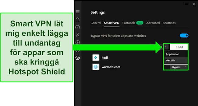 Skärmdump av Hotspot Shields Smart VPN-funktion