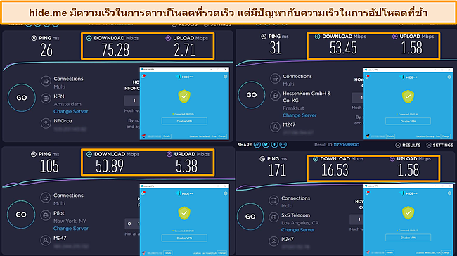 ภาพหน้าจอของ hide.me ที่เชื่อมต่อกับเซิร์ฟเวอร์ในเนเธอร์แลนด์ เยอรมนี และสหรัฐอเมริกา โดยเน้นที่ผลการทดสอบความเร็วในการดาวน์โหลดและอัปโหลด