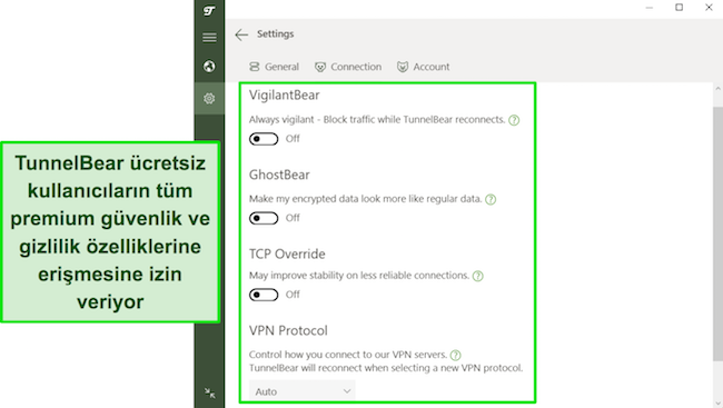 TunnelBear'ın ücretsiz kullanıcılara sunulan güvenlik özelliklerinin ekran görüntüsü