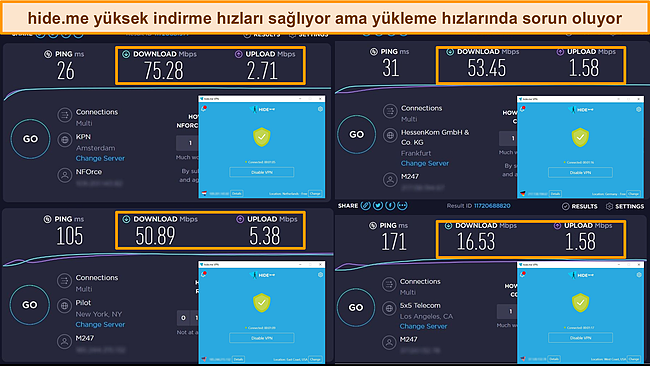 Hollanda, Almanya ve ABD'deki sunuculara bağlanan hide.me'nin indirme ve yükleme hızı testi sonuçlarını vurgulayan ekran görüntüleri.