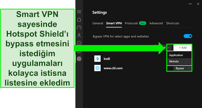 Hotspot Shield'in Akıllı VPN özelliğinin ekran görüntüsü