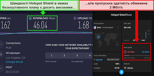 Знімок екрана Hotspot Shield безкоштовно підключений до сервера США, а результати тесту швидкості Ookla показують хорошу швидкість завантаження.