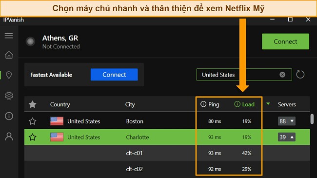 Giao diện chi tiết của IPVanish với menu máy chủ - VPN tốt nhất cho Netflix Mỹ