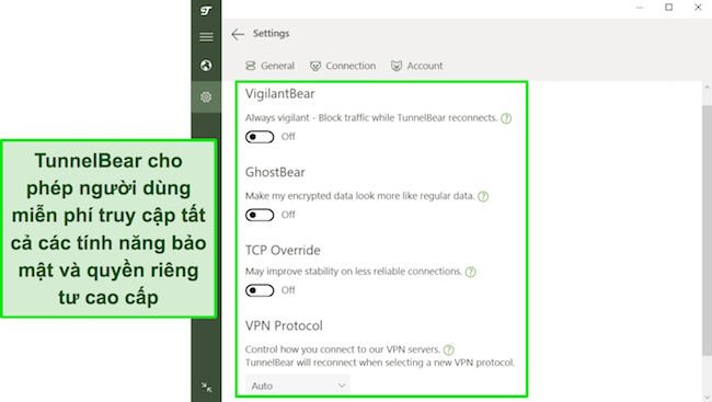 Ảnh chụp màn hình các tính năng bảo mật của TunnelBear có sẵn cho người dùng miễn phí