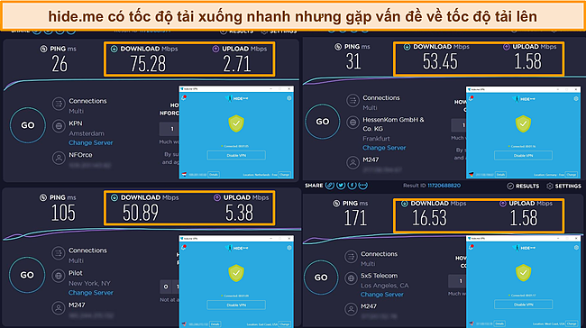 Ảnh chụp màn hình của hide.me được kết nối với máy chủ ở Hà Lan, Đức và Mỹ, làm nổi bật kết quả kiểm tra tốc độ tải xuống và tải lên.