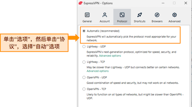 ExpressVPN 的 Windows 应用程序的图像，显示协议设置并突出显示自动选项