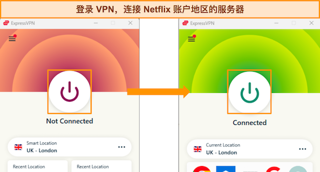 ExpressVPN 的 Windows 应用程序的图像，显示连接按钮以及连接和断开连接时的应用程序差异。