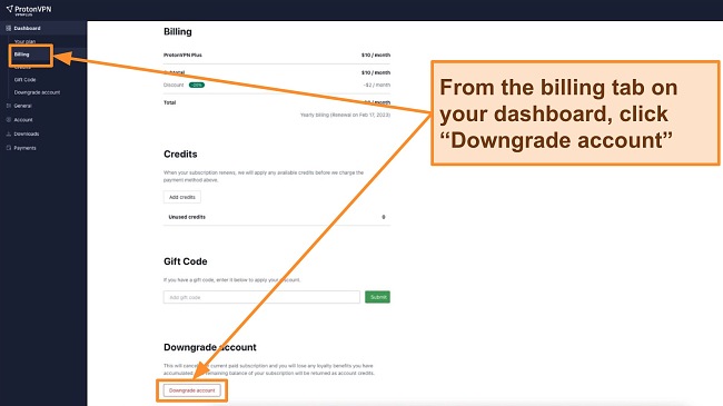 ProtonVPN refund downgrade screenshot