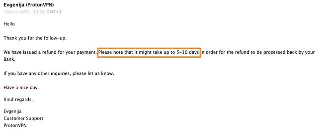 How to cancel and refund ProtonVPN support confirmation screenshot