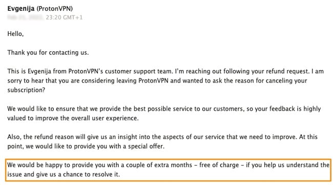 How to cancel and refund ProtonVPN support reply screenshot