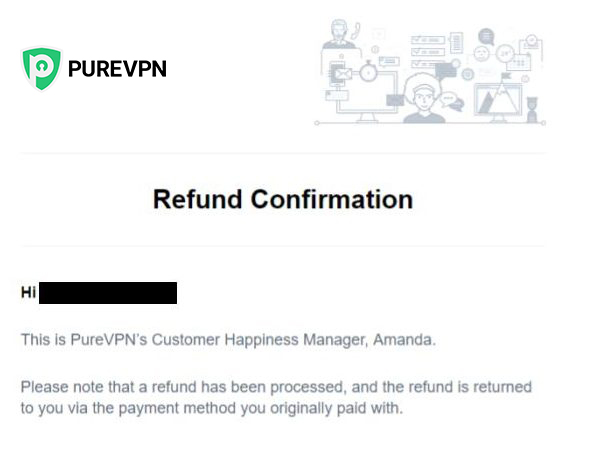 Screenshot of PureVPN's email response about confirming customer refund