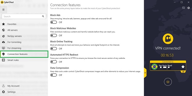 Capture d'écran de l'interface de l'application CyberGhost montrant les fonctionnalités de connexion disponibles