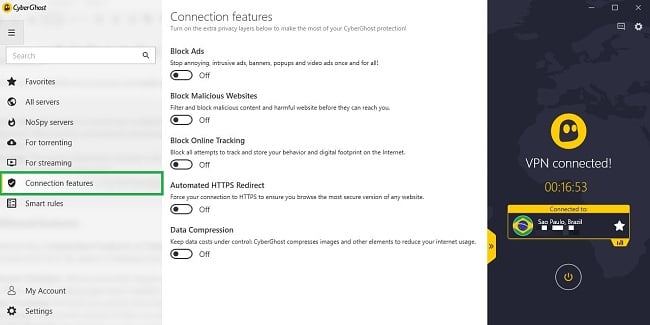 Screenshot of CyberGhost application interface showing available Connection Features