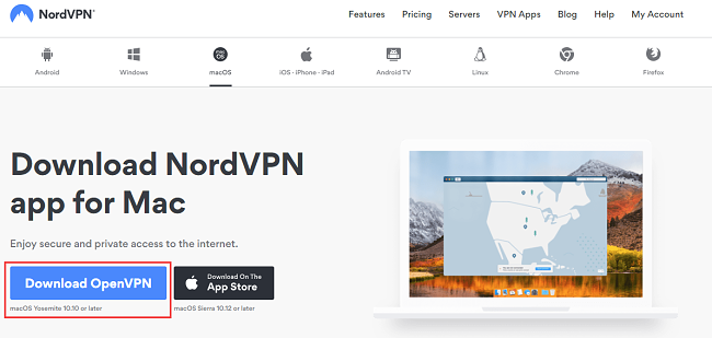 Screenshot of download OpenVPN for NordVPN’s software from the macOS downloads page