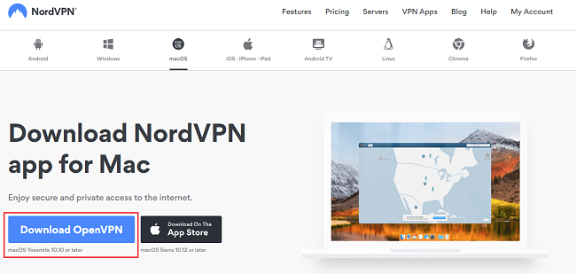 Zrzut ekranu pobierania OpenVPN dla oprogramowania NordVPN ze strony pobierania macOS