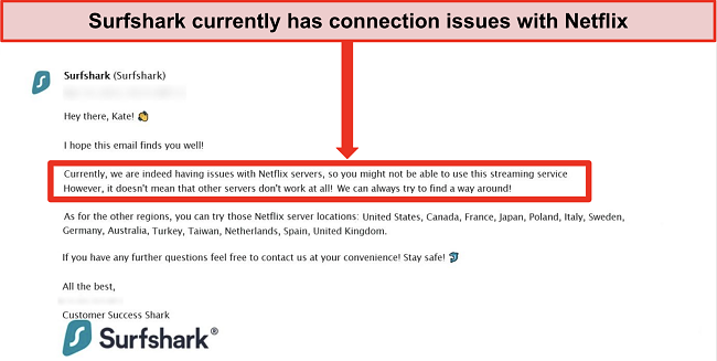 Screenshot of customer service email from Surfshark stating the service is having issues connecting to Netflix servers.