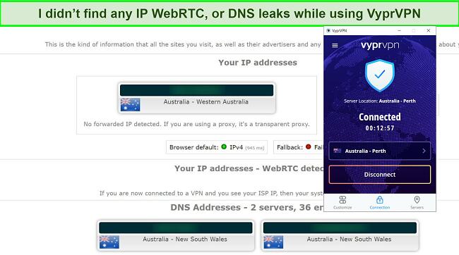 Screenshot of an IP and DNS leak test carried out on a VyprVPN server
