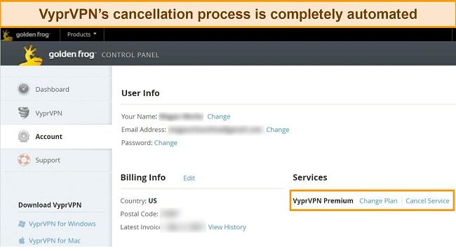 Screenshot of VyprVPN's account settings