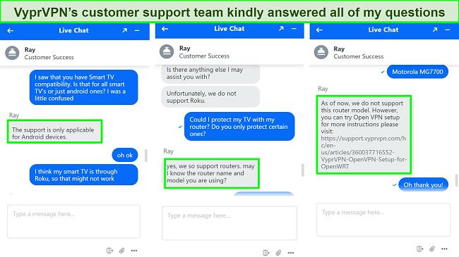 Screenshots of VyprVPN live chat