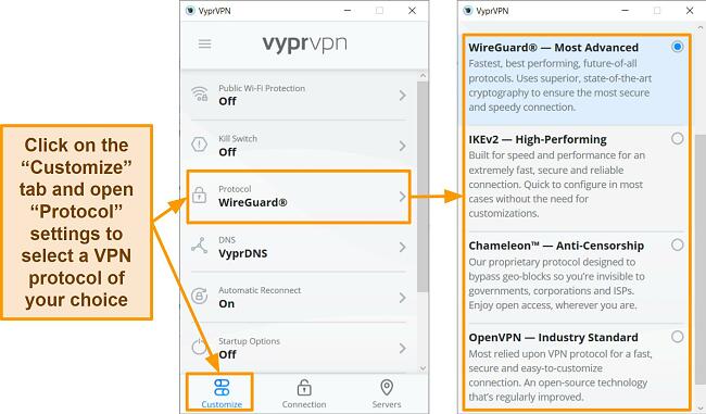 Screenshot of VyprVPN's protocol options